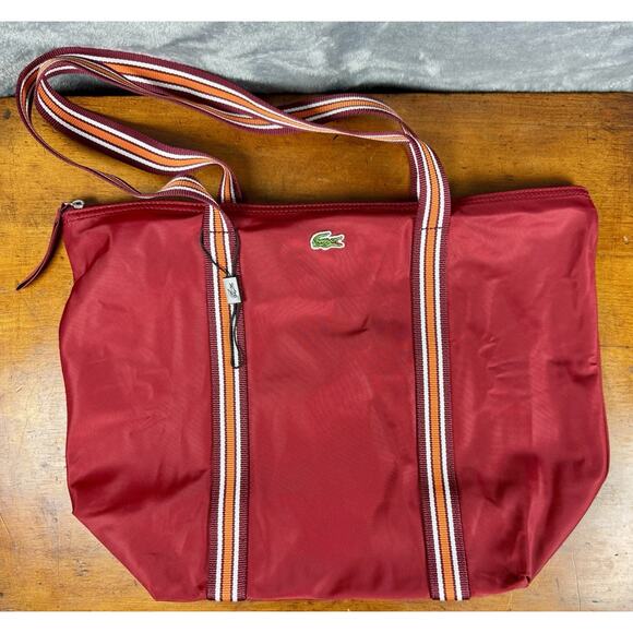 Lacoste Nylon Tote Bag Red Striped Webbed Straps Logo Shoulder Travel 16 X 11.5 - Picture 1 of 16